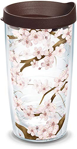 Tervis 1041201 Cherry Blossom Becher mit Wickeltuch und braunem Deckel, 473 ml, transparent