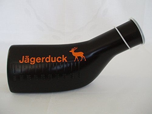 Uriduck Urinflasche für Männer 1000 ml in schwarz mit Hirsch und oranger Jägerduck - Beschriftung für Jäger