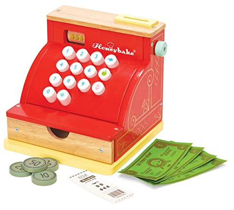 Le Toy Van – Honeybake Rollenspiel Kasse aus Holz mit Kassenbeleg, Kassenschublade und Spielgeld | Ideal für Rollenspiel Supermarkt, Lebensmittelladen oder Café, Geldkasse, TV295