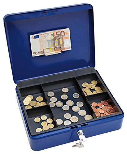 WEDO 145403H Geldkassette aus pulverbeschichtetem Stahl, Geldnoten- und Belegeklammer, 5-Fächer-Münzeinsatz, Sicherheits-Zylinderschloss, Blau, 30 x 24 x 9 cm