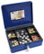 WEDO 145403H Geldkassette aus pulverbeschichtetem Stahl, Geldnoten- und Belegeklammer, 5-Fächer-Münzeinsatz, Sicherheits-Zylinderschloss, Blau, 30 x 24 x 9 cm