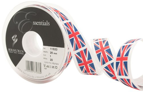 Berisfords 11523 20 m x 25 mm Printed Union Jack Flag Ribbon, Red/White/Blue