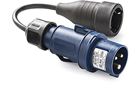 FAMATEL - Adaptador industrial-doméstico || Clavija 2P+T | 16A | 220V || Toma 2P+TTL | 16A | 250V || Con cable de 25 metros | Azul