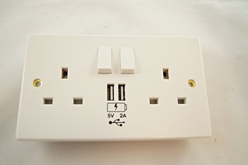 Techshop 2 Way UK Mains Power Socket with USB Charging Port Wall Plate - White