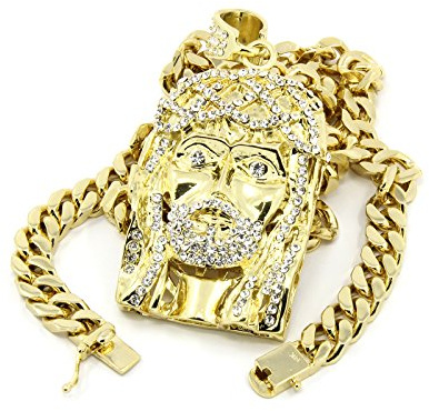 L & L Nation Mens Gold Tone Crowned/Beard Jesus Pendant Hip Hop 30 10mm Heavy Thick Cuban Chain