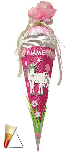 BASTELSET Schultüte - Einhorn 85 cm - incl. Namen - mit Holzspitze - Zuckertüte Roth - ALLE Größen - 6 eckig Mädchen Pferde Blumen Einhörner