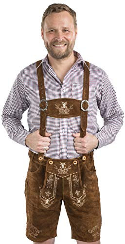 Herren Lederhose kurz - Trachtenlederhose inkl. Hosenträger – Trachtenhose Echt-Leder Tracht Alpenjäger (58, mittelbraun)