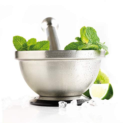 MASTRAD – Mortier Et Pilon De Cuisine– Inox Incassable – Non-Poreux – Base Stable – Design - Acier Inoxydable, 135x135x80
