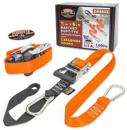 PowerTye Robuste Spanngurte mit Ratsche, 3,8 cm x 2 m, mit Soft-Tye und Karabinerhaken, 0,5 kg Belastungsgrenze, 1,4 kg Bruchfestigkeit, Orange/Schwarz, Paar