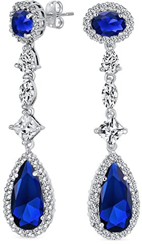 Art Deco Vintage Style Boda Zafiro Azul Real Simulado AAA Cúbico Zirconia Halo Largo Solitario Pera Lágrima CZ Declaración Colgar Pendientes Araña Para Mujeres Desfile Fiesta Nupcial Plata Plateado