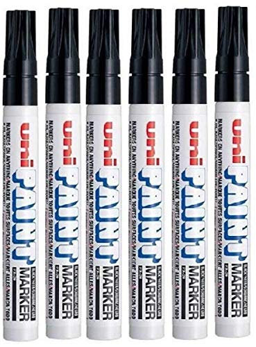 Uni Colour Medium (2.2-2.8mm) PX-20 Black Oil Paint Marker Pen Metal Glass Wood Plastic Stone Outdoor mm Metal Bullet Nib Tip (Pack Of 6)