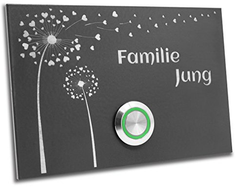 Jung Edelstahl Design Türklingel London 2 anthrazit RAL7016 pulverbeschichtet | Motiv Pusteblume Klingelschild 12 X 8 cm | Haustürklingel V2A Edelstahl LED Taster (grün)