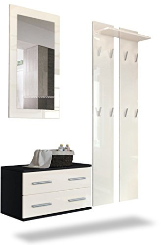 Vladon Garderobenset Garderobe Kioto, Made in Germany, Korpus in Schwarz matt/Front in Creme Hochglanz