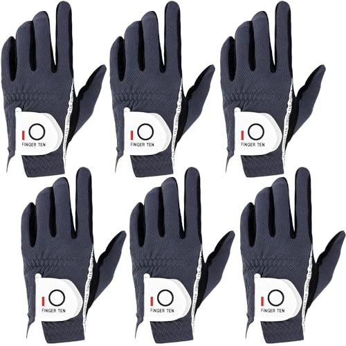 FINGER TEN Golf Handschuhe Herren RainGrip Hot Wet Wetter Komfort Extra Value Linke Hand Links und rechte Hand rechts strapazierfähigem Golf Handschuhe 6 Pack (Grau, Medium, Links)