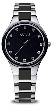 BERING Damen Quarz Uhr | Armbanduhr 27 mm Edelstahlgehäuse und Zifferblatt | Edelstahlband mit Keramikelementen | 5 ATM | 32327