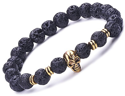 Infinite U Lavastein Perlen Totenkopf Armband Elastisch Legierung Armband Unisex Therapiearmband gut für Yoga und Meditation Schwarz Gold 18cm Gummi Ohne Stein, 18 cm, Gummi, Ohne Stein