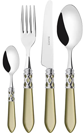 BUGATTI, Aladdin, Set Posate 24 Pezzi in Acciaio Inox 18/10, Ghiera Cromata e Manico Colore Verde CERTOSA Effetto Seta. Set Posate 6 Persone: 6 cucchiai, 6 forchette, 6 coltelli e 6 cucchiaini caffè