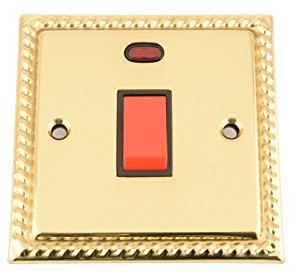 Cooker Oven Switch w/Neon 45 Amp - Polished Mirror Brass Georgian - Black Insert