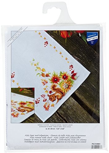 Vervaco Stickpackung Tischläufer Zählmusterpackung Kreuzstich Eichhörnchen im Herbst Stickläufer zum Selbersticken Stickset Weihnachten Kreativ Set für Erwachsene 32 x 84 cm Kreatives Geschenk