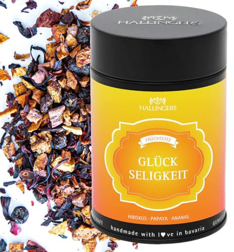 Hallingers Glückseligkeit - Loser Früchte-Tee mit Hibiskus, Papaya & Ananas (Dose) - Geschenk im Sommer & als perfektes Grillgeschenk | Hochzeit Glückwunsch Genesung Jahrestag