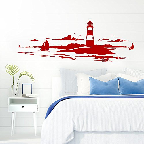 Grandora Skyline Küstenlandschaft Leuchtturm I rot 120 x 42 cm I Bad Wohnzimmer Schlafzimmer Aufkleber Wandaufkleber Wandsticker Modern W974
