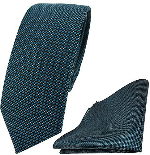 TigerTie - schmale Designer Krawatte Designer Einstecktuch in grün petrol türkis schwarz silber gepunktet