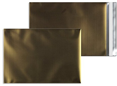 100 Stück, Farbige Versandtaschen, DIN C5, Haftklebung mit Abziehstreifen, Gerade Klappe, 70 my Aluminisierte PP-Folie - matt, Ohne Fenster, Gold, Blanke Briefhüllen