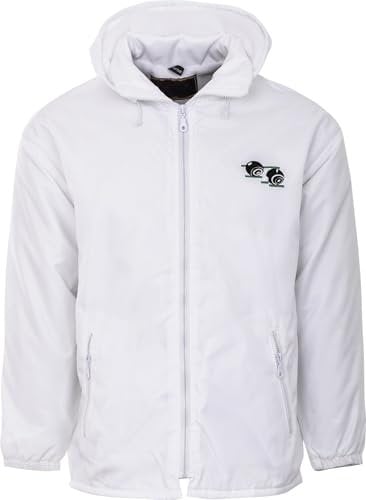 Maan Store Mens Bowling Jacket Waterproof Fully Fleece Lined Detachable Hood Bowling Logo On The Front Front Pockets White/XL