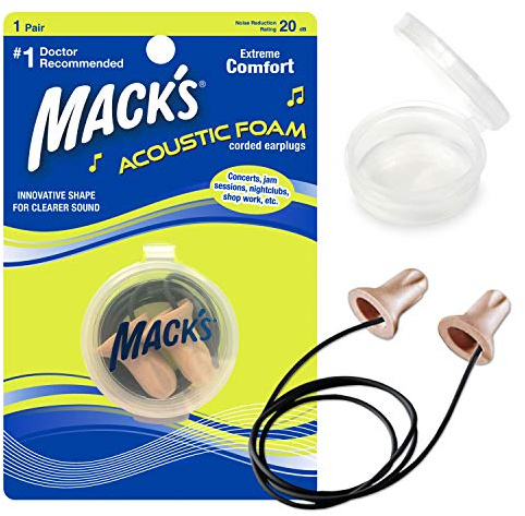 Mack’s Acoustic Foam Earplugs, 1 Pair Corded with Travel Case – Soft, Comfortable Ear Plugs for Concerts, Jam Sessions, Nightclubs and Loud Events