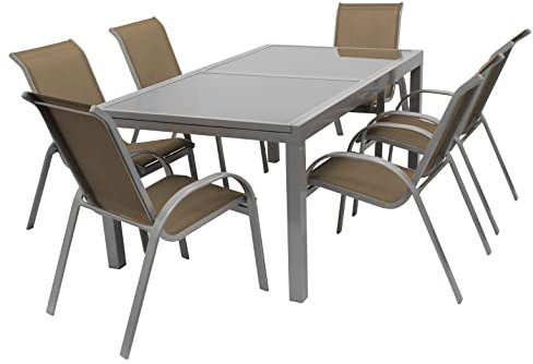 DEGAMO Garnitur Amalfi, Alu + Kunststoffgewebe taupefarben. 6X Stapelsessel, 1x Ausziehtisch