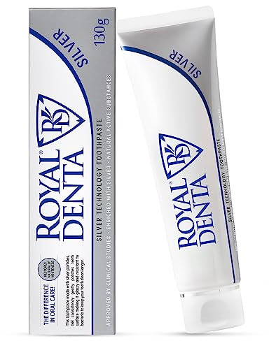 Royal Denta Silver Natürliche Zahnweiß-Zahnpasta mit Fluorid 130g, Starke Zahnpasta zum Schutz des Zahnschmelzes,Plaque entfernen, Langanhaltende Luxus-Zahnpasta mit Pfefferminze hält die Zähne frisch