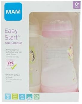 MAM Babyflasche Easy Start Anti-Colic mit belüftetem Boden, 2er-Set x 260 ml – 0+ Monate 2+ Monate – Saugerfluss 2, mittlere Geschwindigkeit – Rosa und Weiß