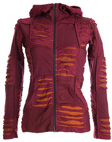 Vishes - Alternative Bekleidung - Damen Patchwork Jacke mit Cutwork und Zipfelkapuze dunkelrot-orange 40