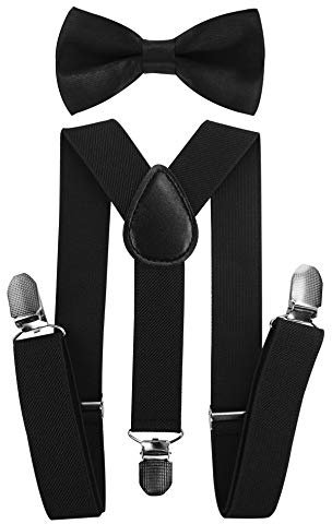 axy Hochwertige Kinder Hosenträger-Y Form mit Fliege- 3 Clips EXTRA STARK-Uni Farben (Schwarz)