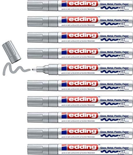 edding 750 gloss paint marker - silver - 10 paint markers - round tip 2-4 mm - paint pen for glass, pebbles, wood, plastic, paper - waterproof, high coverage