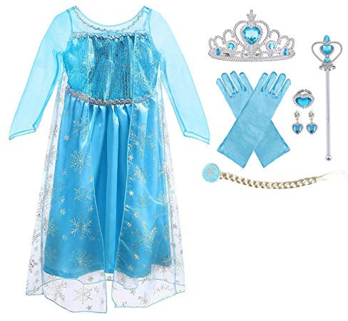 La Reine des Neiges Elsa Costume et Accessoires Gants Couronne Baguette Tresse Robe Longue Deguisement pour Fille - Bleu - Taille 100cm, 3 Ans