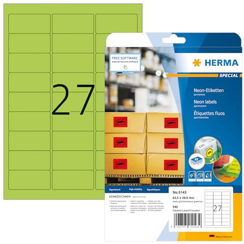 HERMA 5143 Farbige Etiketten neon grün, 20 Blatt, 63,5 x 29,6 mm, 27 pro A4 Bogen, 540 Stück, selbstklebend, bedruckbar, matt, blanko Papier Neon-Etiketten Farbaufkleber