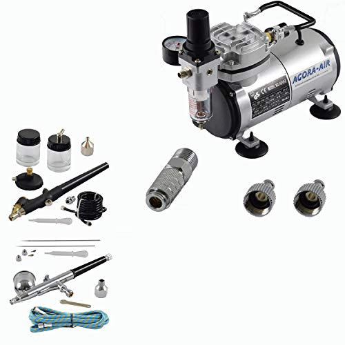 Agora-Tec® Airbrush Komplett-Set EXPERT I.1, inkl. Kompressor mit 4 bar & 20l/min + 2 Airbrushpistolen mit 0,2 & 0,3 & 0,5 & 0,8mm Nadeln/Düsen + 2 Schnellkupplungen + 1 Schlauch + Adapter