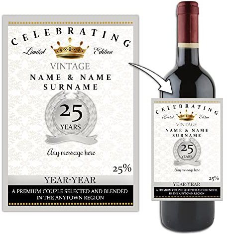 Invite Designs Ltd Personalised Silver 25th Wedding Anniversary WINE/CHAMPAGNE BOTTLE LABEL ~ Gift Idea N15.