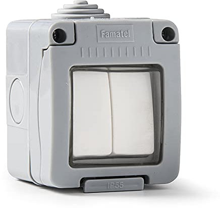 FAMATEL – Conmutador + Pulsador | Enchufe de empotrar | Serie Garden | IP55 | Protección Infantil | A prueba de agua | Fácil de instalar este producto | Gris