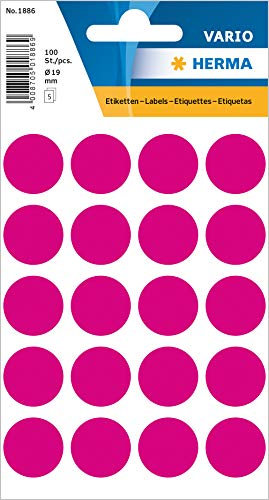 HERMA 1886 Punktaufkleber Klebepunkte pink rosa, 100 Stück, Ø 19 mm, 20 pro Bogen, selbstklebend, Markierungspunkte für Kalender Planer Basteln, matt, blanko Papier Farbpunkte Etiketten Aufkleber