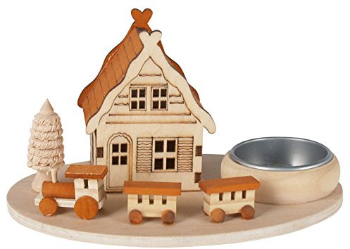 OBC-Kunsthandwerk Teelicht-Halter Haus und Eisenbahn, 15cm, Holz gelasert