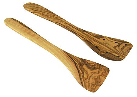 2 spatules en bois d'olivier 30 cm lisse + perforée