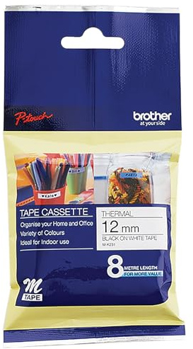 Brother M-K231, nicht laminiert Schriftband 12mm weiß/schwarz P-touch 55/65/75/85/110/BB4, MK231, 12 mm x 8 m (B x L)