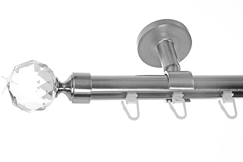BASIT Gardinenstange Innenlauf Edelstahllook 20mm 1-läufig Decke 400cm D30 | Gardinenstangenset einläufig Deckenmontage Metall Vorhangstange Deckenhalterung 120-600cm wählbar Kappe Kristall E87