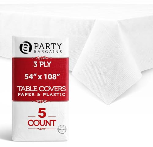 PARTY BARGAINS 5 Disposable Table Covers - 54 X 108, 3 Ply Paper & Plastic White Table Cover