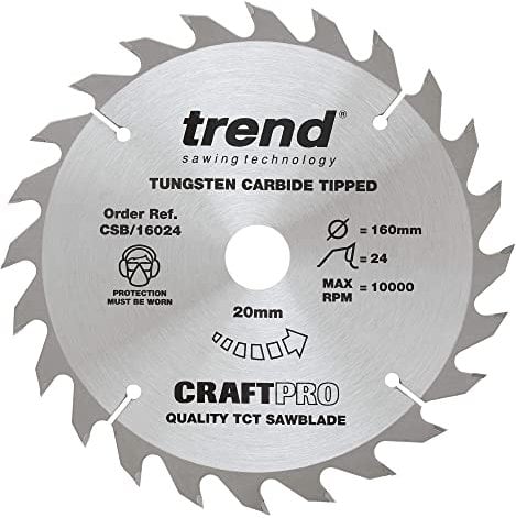 Trend Wood Circular Saw Blade, 160mm Diameter, 20mm Bore, 24 Teeth, 2.4mm Kerf, +15° Hook, TCT, Medium Finish, CSB/16024