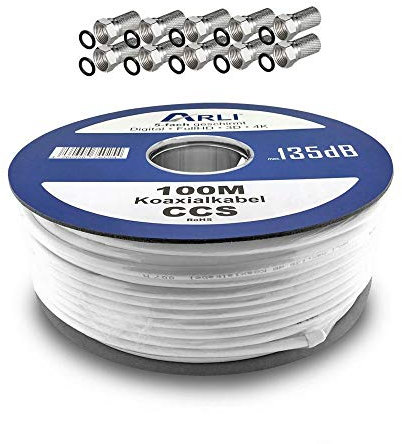 ARLI 100m Koaxialkabel 135dB 5-fach geschirmt + 10x F-Stecker – Sat Antennenkabel für DVB-S/S2 DVB-T/T2 DVB-C/C2 4K UHD HDTV Innen Außen