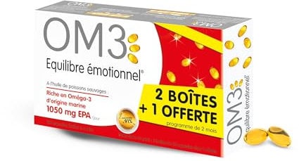 OM3 - Équilibre Émotionnel Formule Originale - Huile de poissons concentrée à 91% d'Oméga-3-Format économique -3x60 capsules, Blanc, Format économique - 3X60 capsules