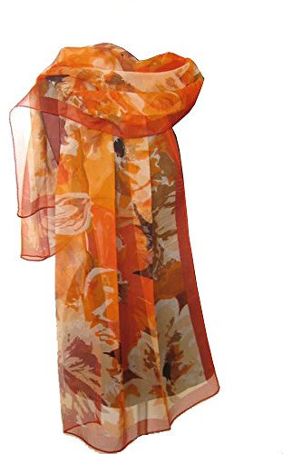 nella-mode Wunderschöner SEIDENSCHAL in floralem Design - Schal aus 100% Seide, ca. 170x53 cm; Rotorange